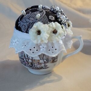 Elegant Black and White Decorative Pincushion Teacup. Hand Made